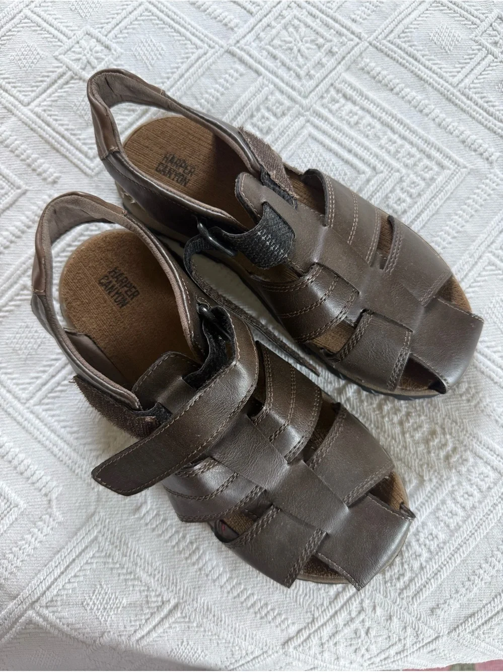 Harper Canyon brown leather fisherman sandals hook-and-loop closure strap